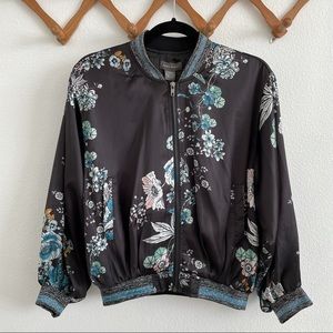 NWT Sans Souci Black Floral Satin Bomber Jacket